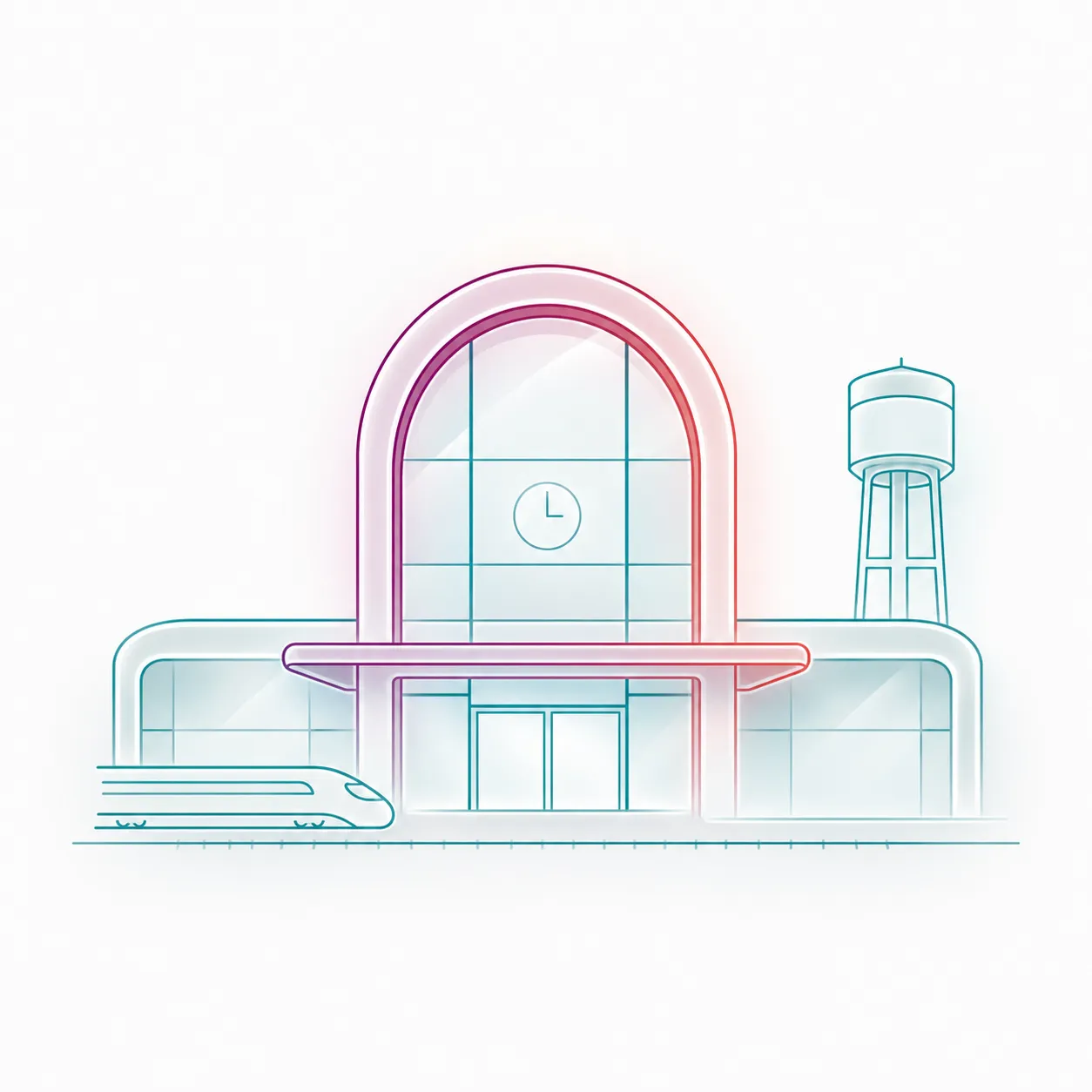 Lokale Roosendaal-visual met stationsgevel, trein en watertorenaccent